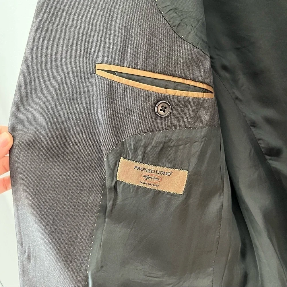 Pronto Uomo Signature Single Breasted 100% Wool Stone Gray Suit Jacket Size 42R